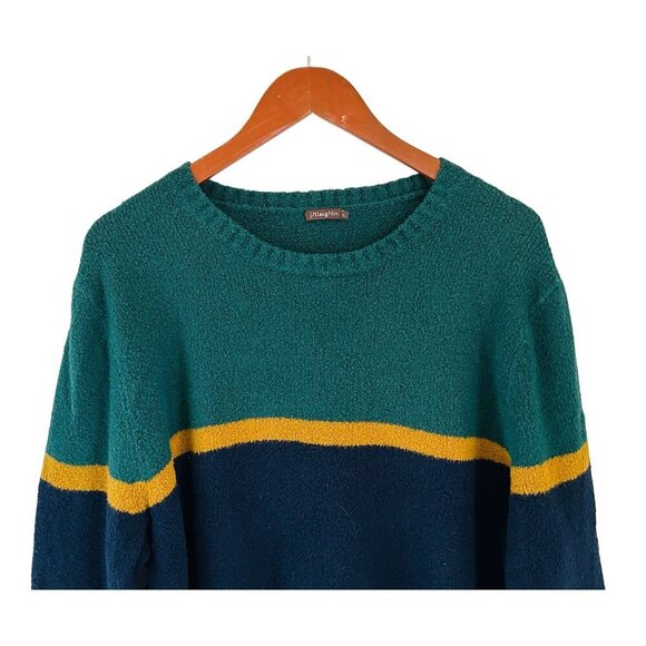 J. McLaughlin Teddy Sweater Cotton Color-Block Green Blue Preppy Soft - XL - Picture 2 of 7